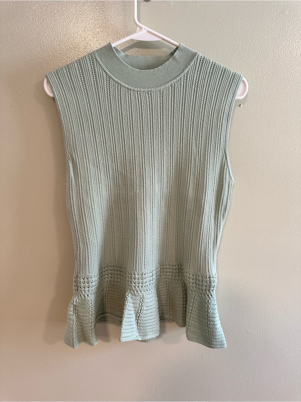 Tahari Sage Green Ribbed Knit Peplum Sleeveless Mock Neck Sweater Top